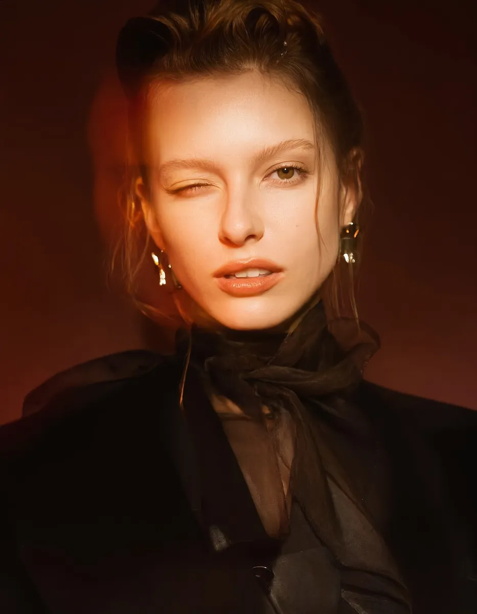 Photorealistic cinematic portrait of a supermodel winking playfully with caramel hair, rim light, and warm editorial fashion styling.
