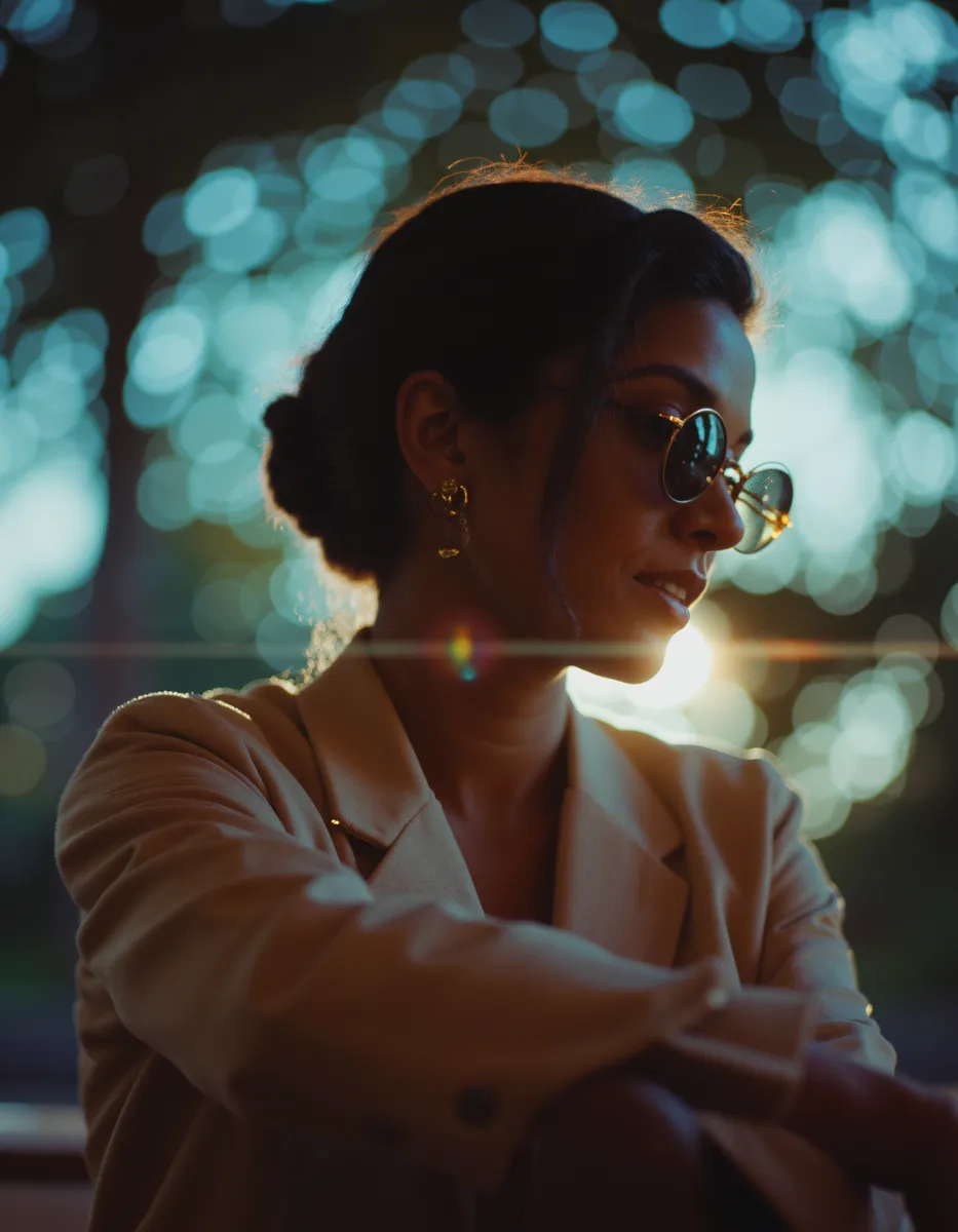 Cinematic portrait photograph of a woman wearing sunglasses and a beige blazer, sitting with a softly focused bokeh background and warm golden hour lighting.