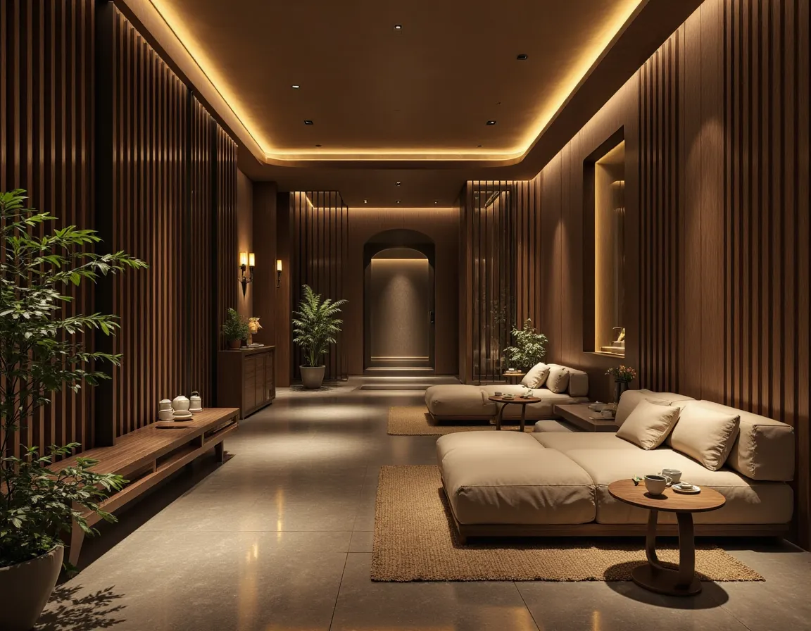 Warmly lit modern public bath house lounge featuring minimalist design with dark wood panels, soft beige modular seating, indoor plants, and ambient LED lighting.