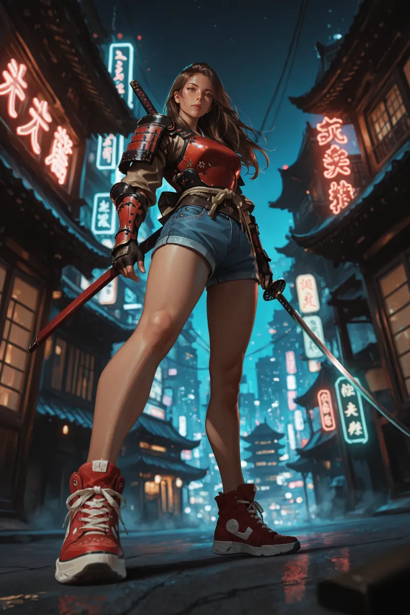Dynamic full-body view of a woman in denim shorts and Japanese armor holding a katana in a neon-lit cyberpunk city at night.