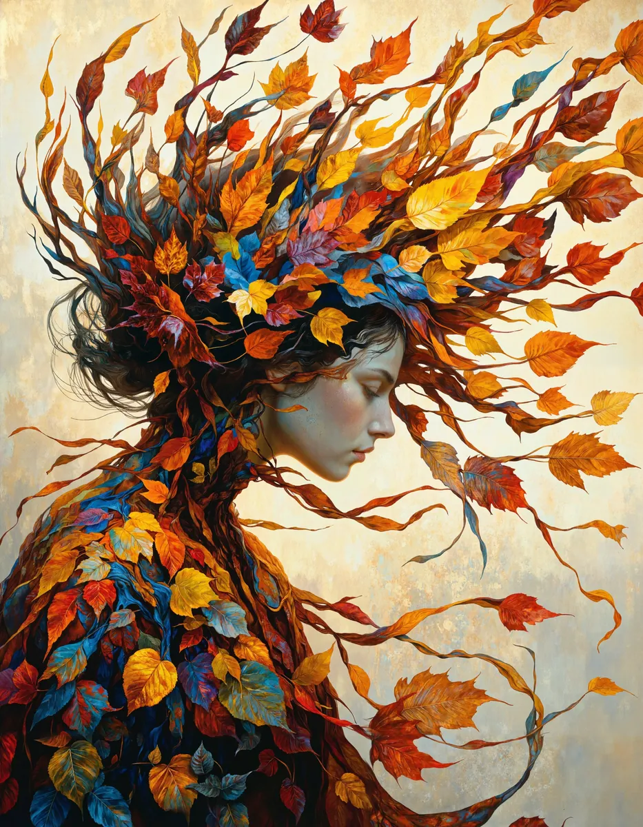 Portrait of a woman with flowing strands of colorful autumn leaves in vibrant oranges, reds, yellows, blues, and purples, depicted in a rich oil painting style.