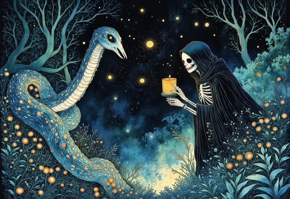 A skeletal figure cloaked in black hooded robe holds a glowing candle facing a large, shimmering blue-green serpent in a dark, bioluminescent forest under a starry twilight sky.
