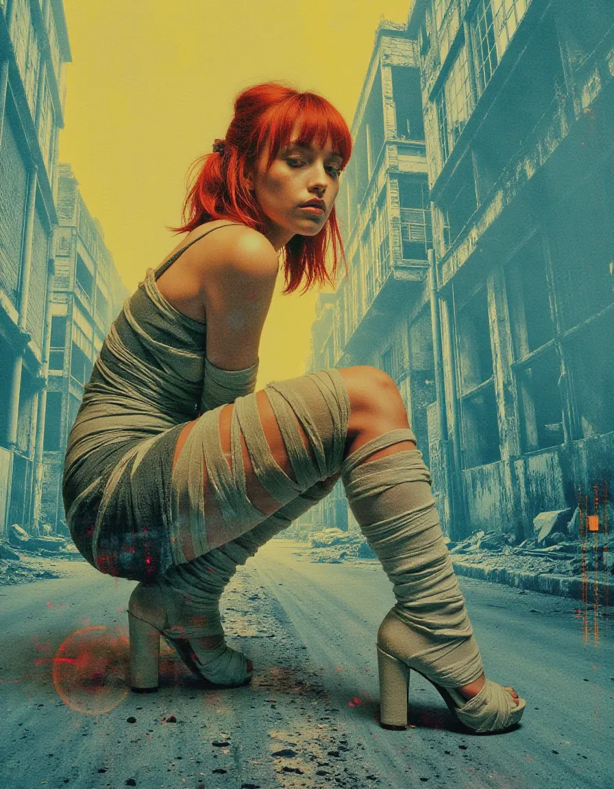 Photorealistic portrait of a young woman with red hair wearing a bandage dress, crouching in an abandoned industrial site under muted lighting and a yellow sky.