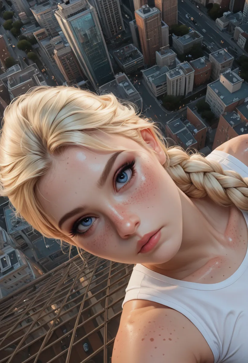 Photo-realistic image of a young woman with blonde hair styled in a single braid, blue eyes, freckles, wearing a white tank top, looking seriously into the camera from a bird's-eye view above a cityscape.