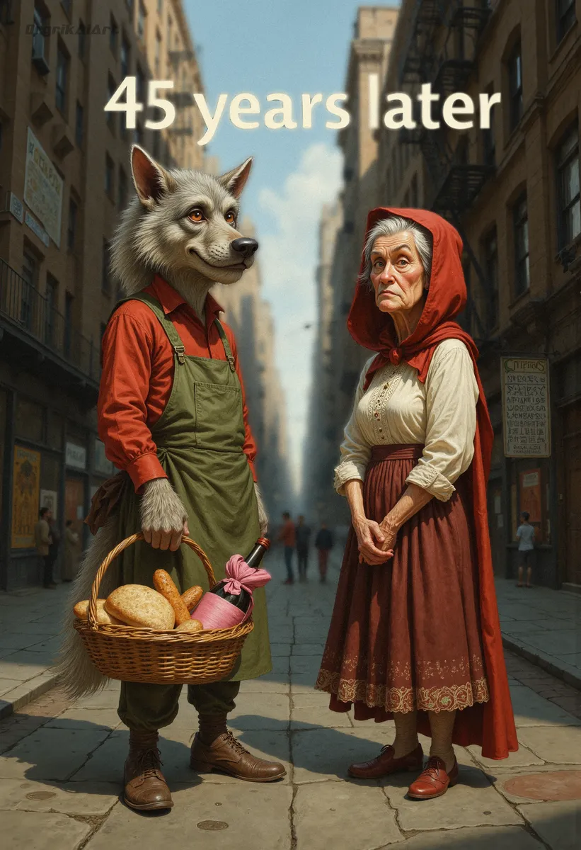 Digital illustration of an aged wolf wearing a red blouse and green apron holding a basket with bread and wine, standing beside an elderly Little Red Riding Hood in a red hooded cape on a cracked city street under the text '45 years later'.
