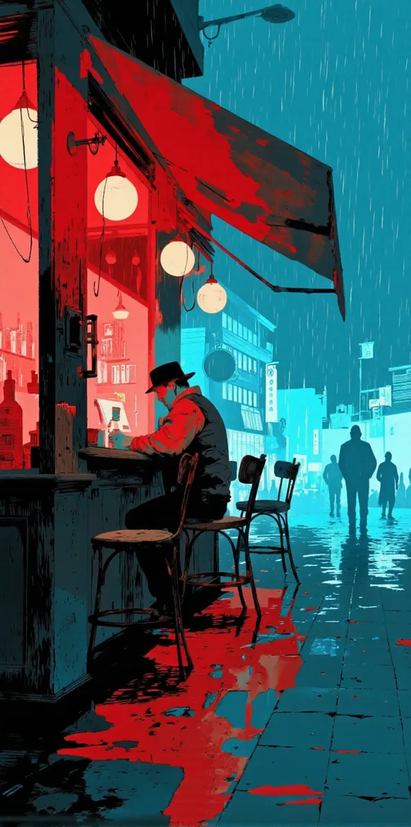Digital illustration of a rainy urban street at night with a man in a black hat and red jacket sitting alone at a bar counter under a red awning, illuminated by hanging lamps and blue street lighting, with silhouettes of pedestrians in the background and reflections on the wet pavement.