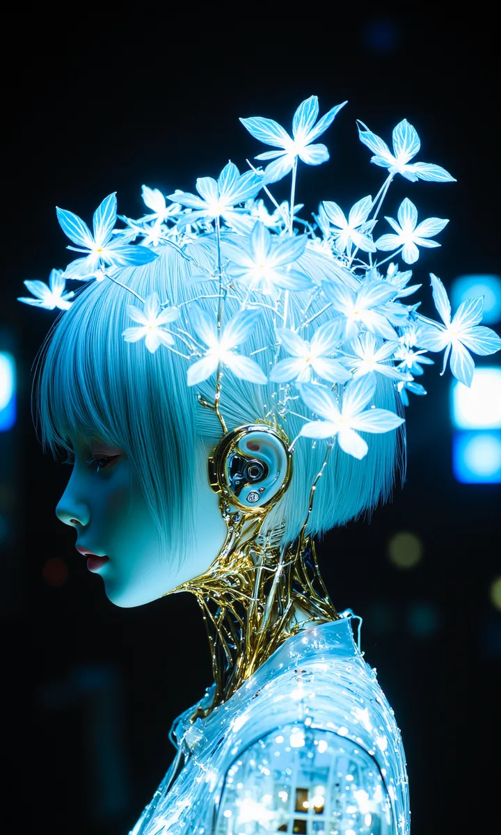 Profile of a slender android with short silvery hair adorned by hundreds of glowing cyan flowers forming a luminous corona, featuring metallic tendrils around the neck and a translucent shoulder covering in dim lighting.