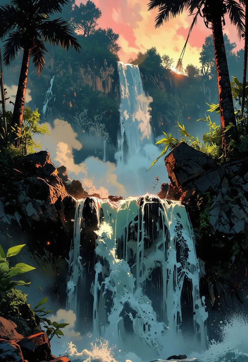 A large, rapidly flowing waterfall cascades down rocky cliffs surrounded by tall trees with buttress roots in a tropical rainforest during sunset, illuminated by soft lighting and dynamic highlights.