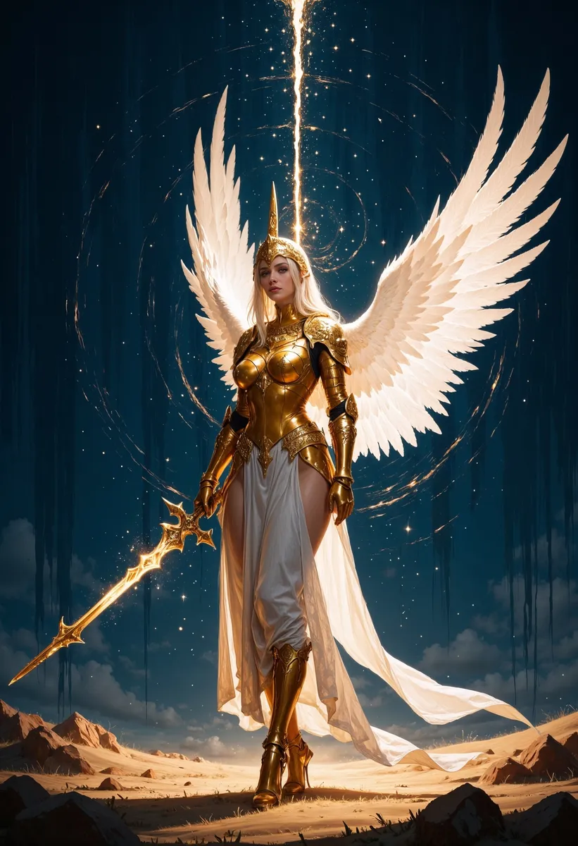Ethereal female warrior in golden armor with majestic white wings, holding a glowing golden spear, standing against a celestial dark blue starry background.