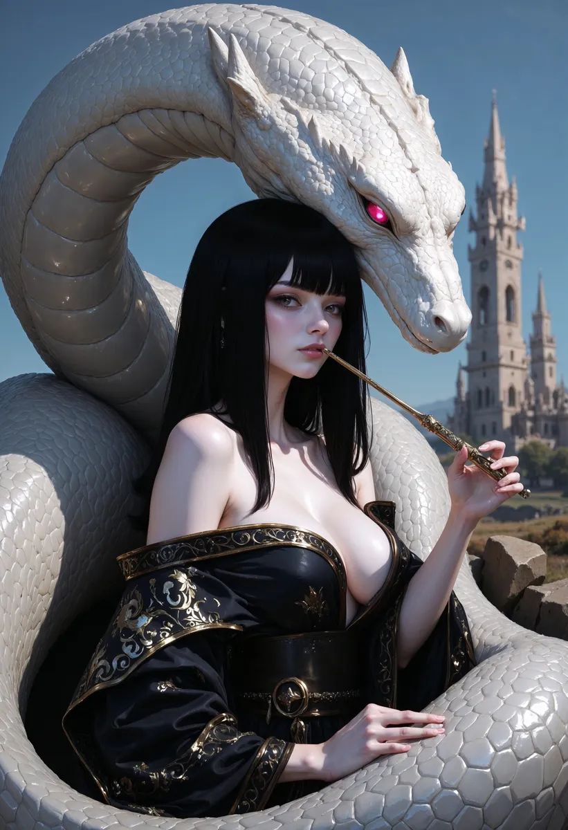 A highly detailed digital artwork featuring a pale-skinned woman with long black hair wearing a black kimono with gold patterns, holding a flute. She is entwined with a large white serpent with glowing pink eyes, set against a background with a castle and clear sky.