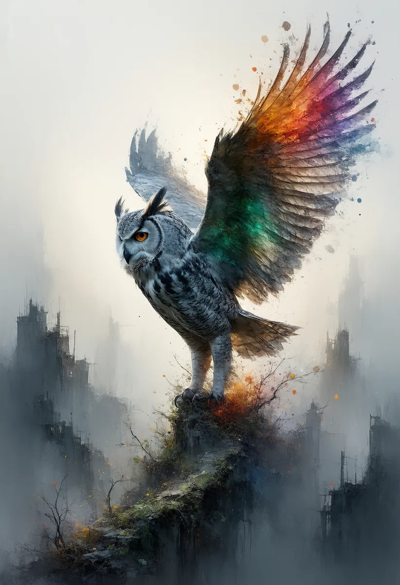 A colossal owl with wings spread wide displaying vibrant colors stands on a mossy outcrop amidst a monochrome, desolate urban cityscape with crumbling buildings and warm cinematic lighting.