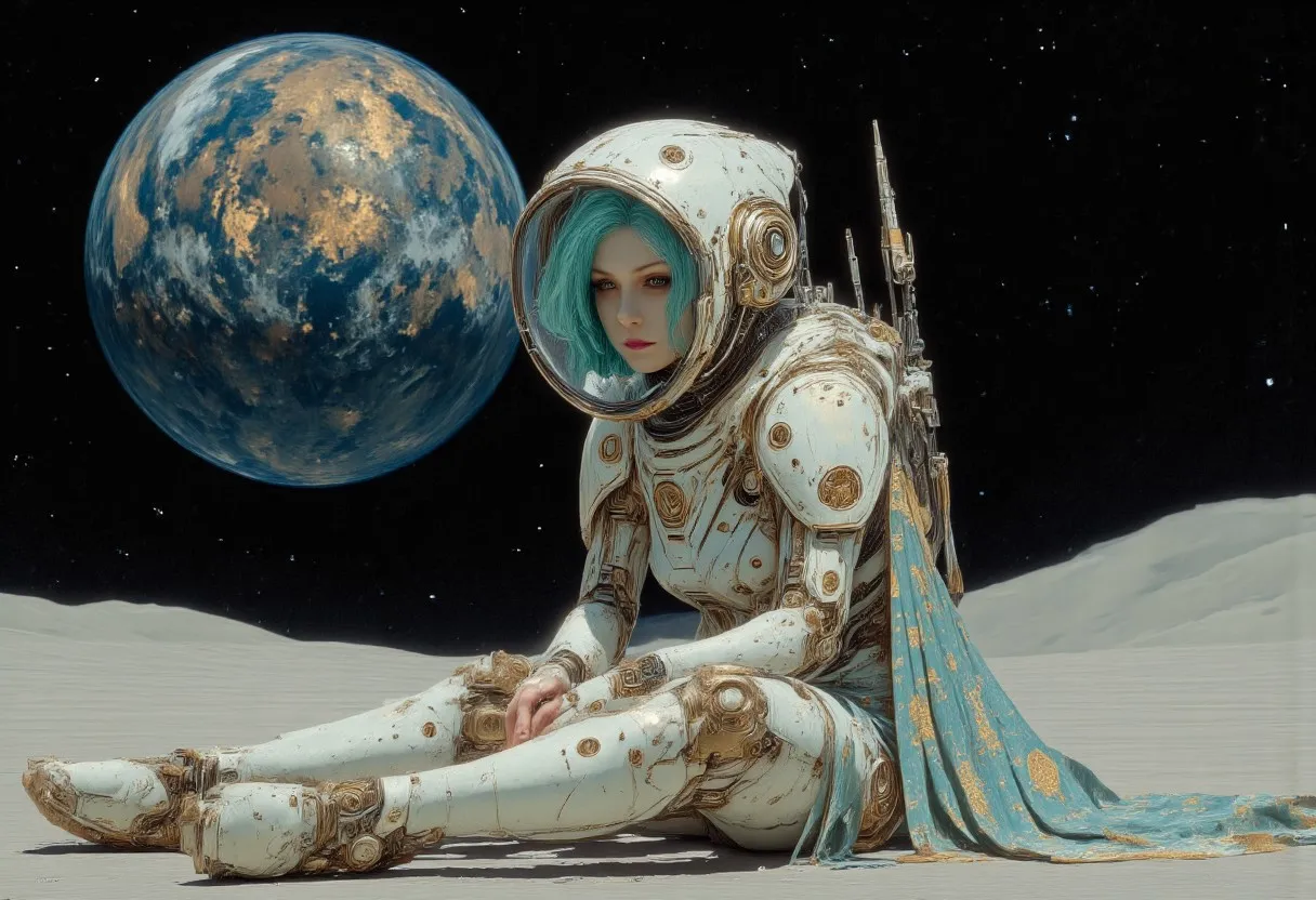 A photorealistic image of a woman astronaut with green hair sitting on the lunar surface in a futuristic white and gold space suit, with Earth prominently glowing in the background against a black starry sky.