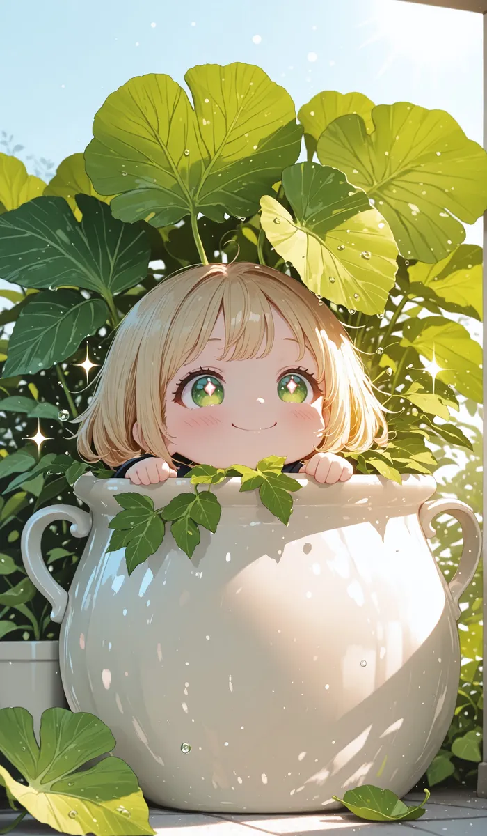 Cute chibi girl with blonde short hair peeks out happily from a large white pot surrounded by green lettuce leaves, sparkling dew, and warm sunlight in a garden setting.
