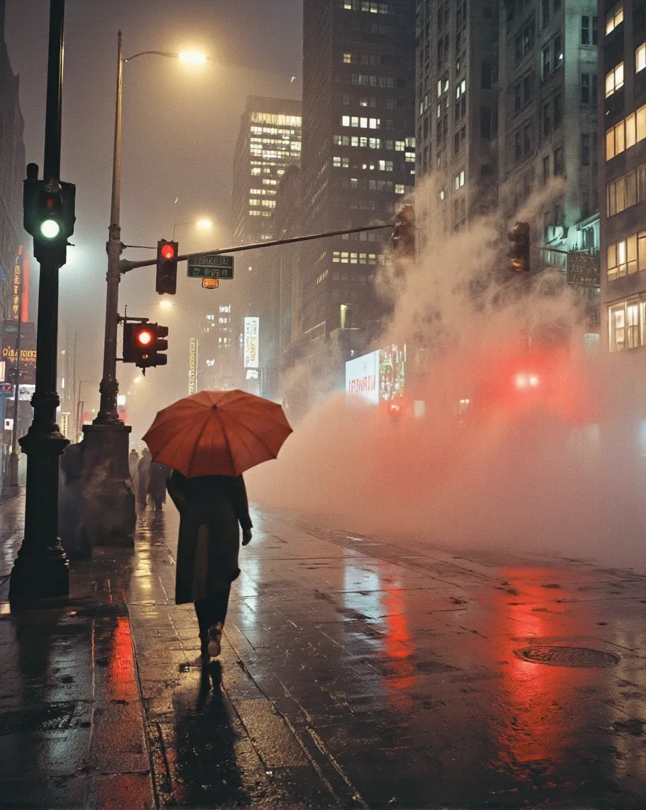A person holding a red umbrella walking on a wet city street at night, with fog and red light reflections on the pavement, surrounded by tall buildings and streetlights.
