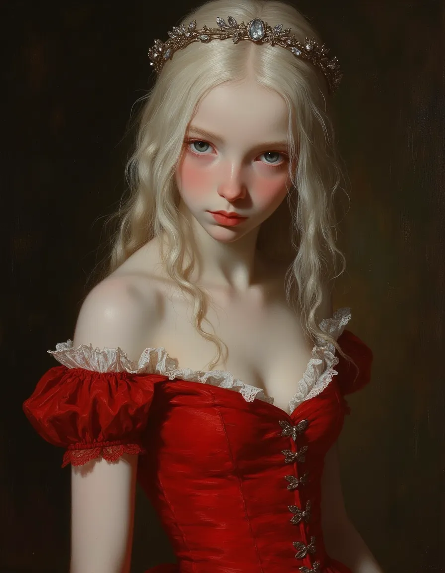 Half-body portrait of a sad princess with pale translucent skin, platinum blond hair, blue eyes, wearing a simple, tightly corseted red dress and an ornate silver circlet, in a Rembrandt oil painting style.