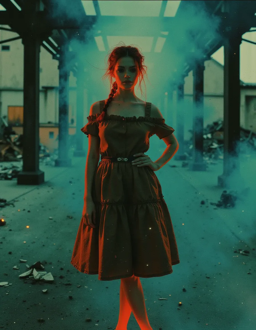 Portrait of a young red-haired woman standing barefoot in an abandoned industrial site wearing a tiered dress and a twisted rope braid, lit with dramatic Rembrandt lighting and surrounded by smoky, desaturated cyan tones.