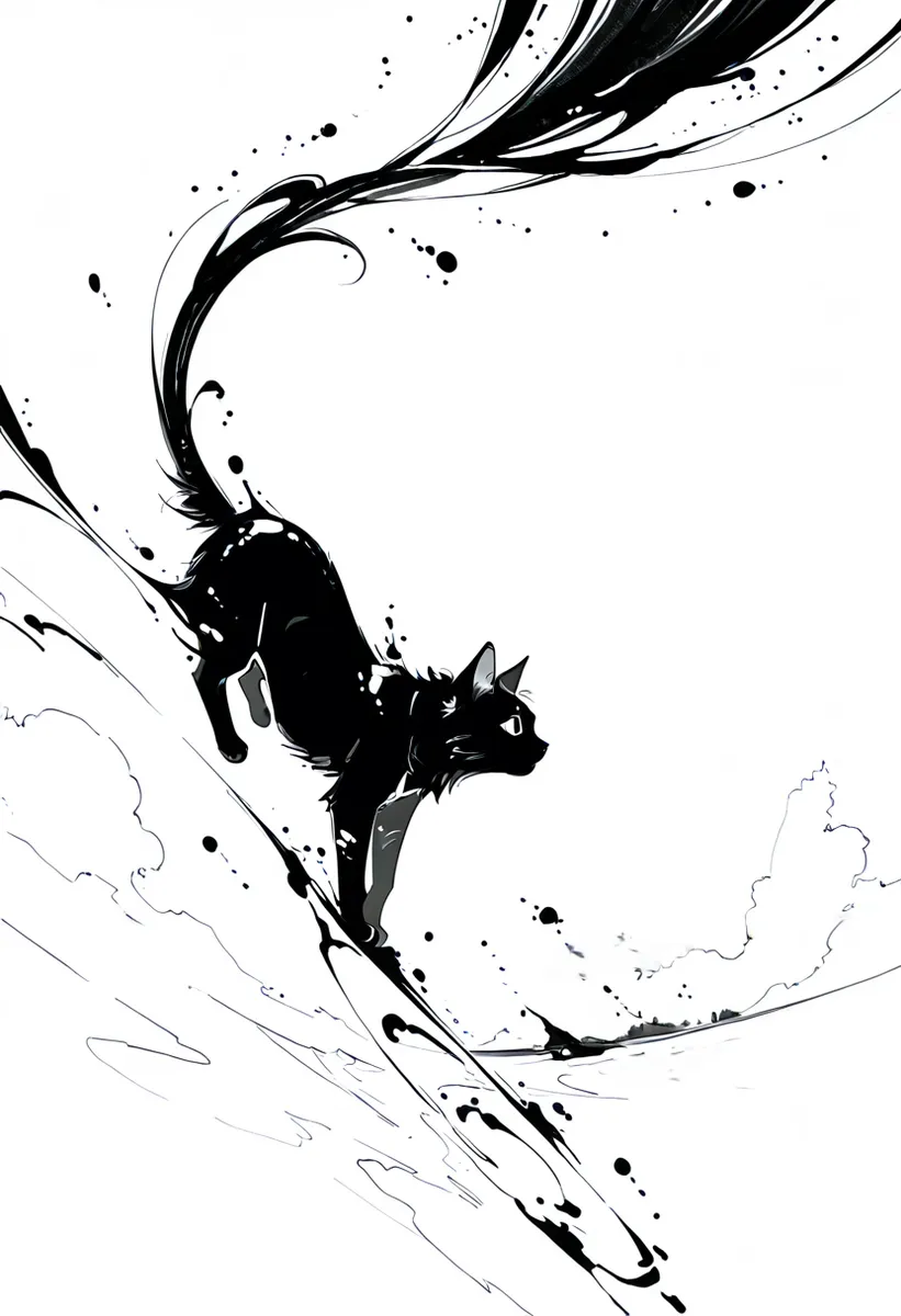 Monochrome image of a black cat with flowing ink splash tail in a dynamic, panoramic ink splash style scene.