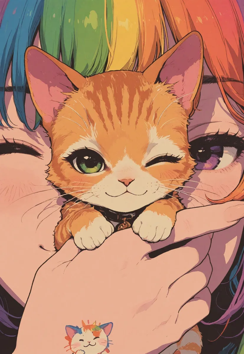 Close-up hand-drawn style illustration of a rainbow hair girl winking and holding an orange tabby kitten with one eye closed, rendered in vibrant flat colors with no lineart.