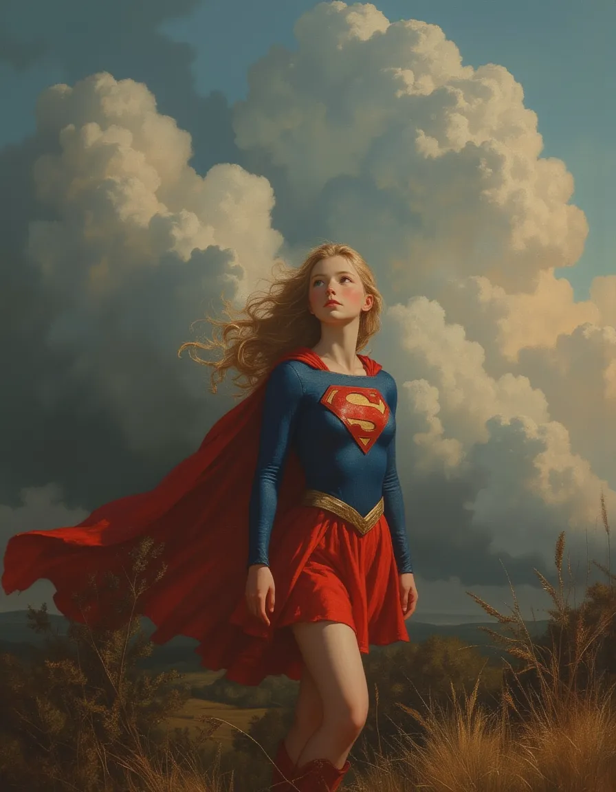 A young teen Super Girl stands gracefully outdoors beneath towering storm clouds, wearing her iconic red and blue costume with flowing hair, captured in a dramatic oil painting style.
