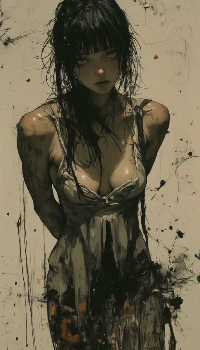 Close-up artistic painting of a surprised dancing naiad with dark hair and intense eyes, hands behind her back, painted in the style of Ashley Wood with a deep, meaningful abstract background.