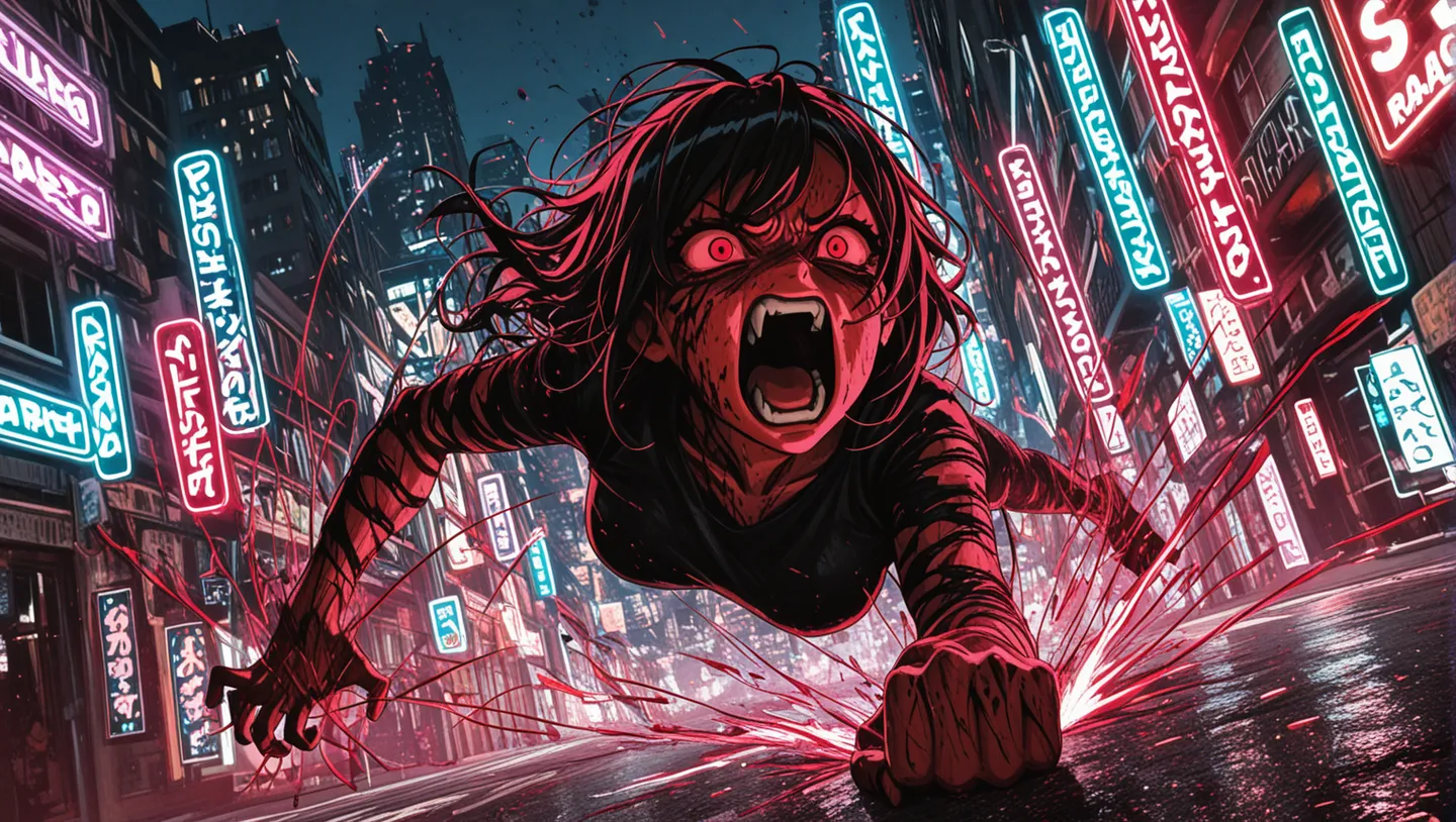 A furious girl with intense rage on her face, yelling with fists pounding the wet street, surrounded by vibrant neon signs in a city at night.