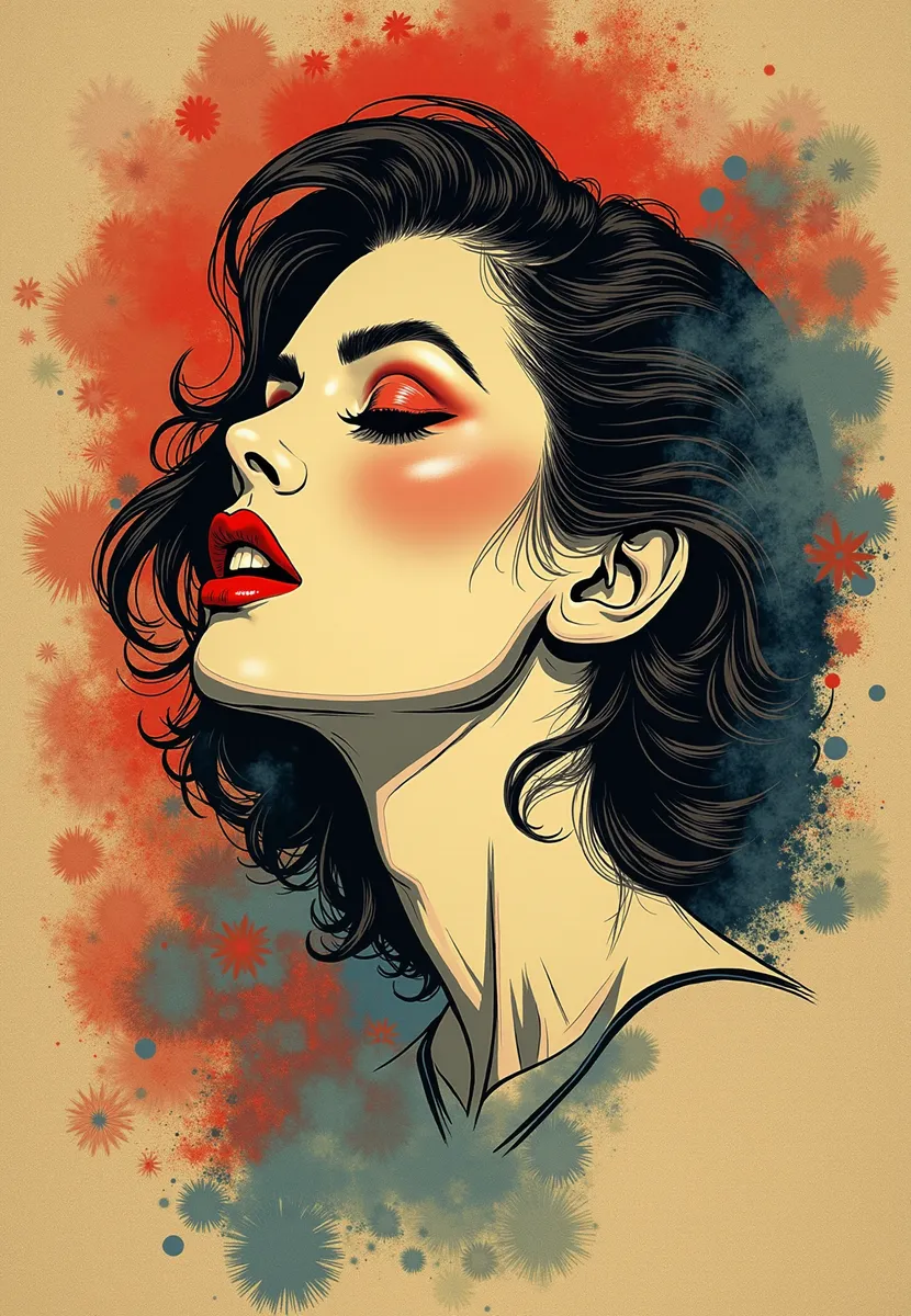 Vintage style portrait of a woman with detailed black hair, vibrant red makeup, and a backdrop of colorful splattered floral patterns.