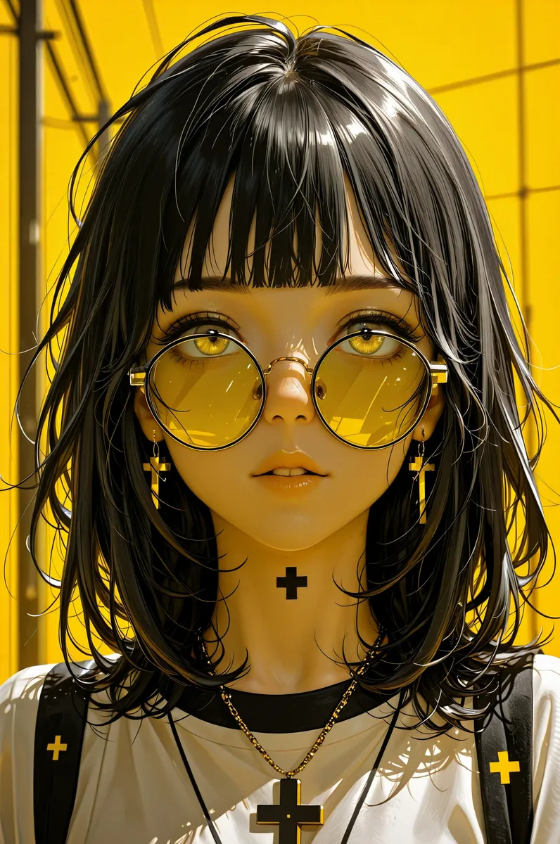 Close-up portrait of a girl against a yellow hazard aesthetic background, wearing yellow-tinted round glasses, black cross earrings and necklace, with black medium-length hair and yellow eyes.