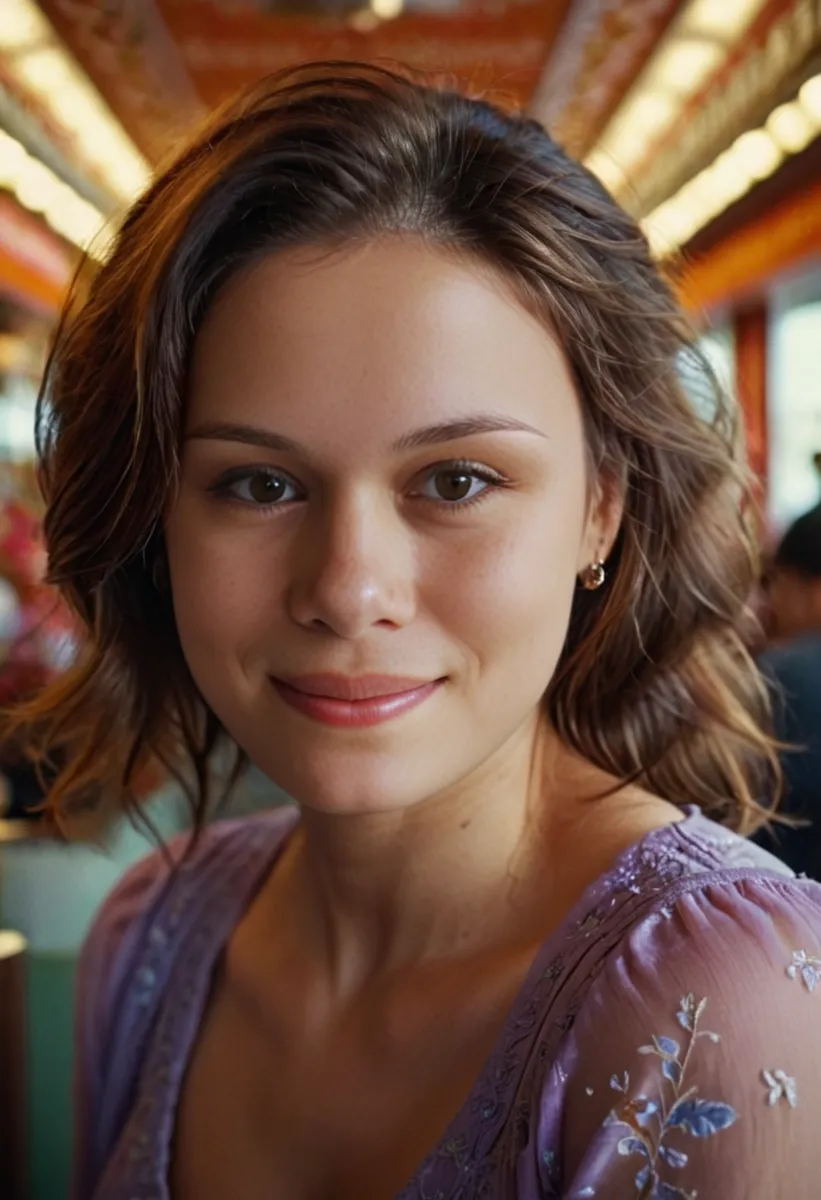 Portrait of a smiling young woman with short brown hair, wearing a lavender floral dress, looking directly at the viewer with soft lighting.