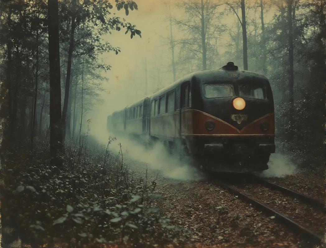 A vintage locomotive train traveling through a foggy dense forest with tall trees and leafy underbrush, emitting steam and light through misty air on old railway tracks.