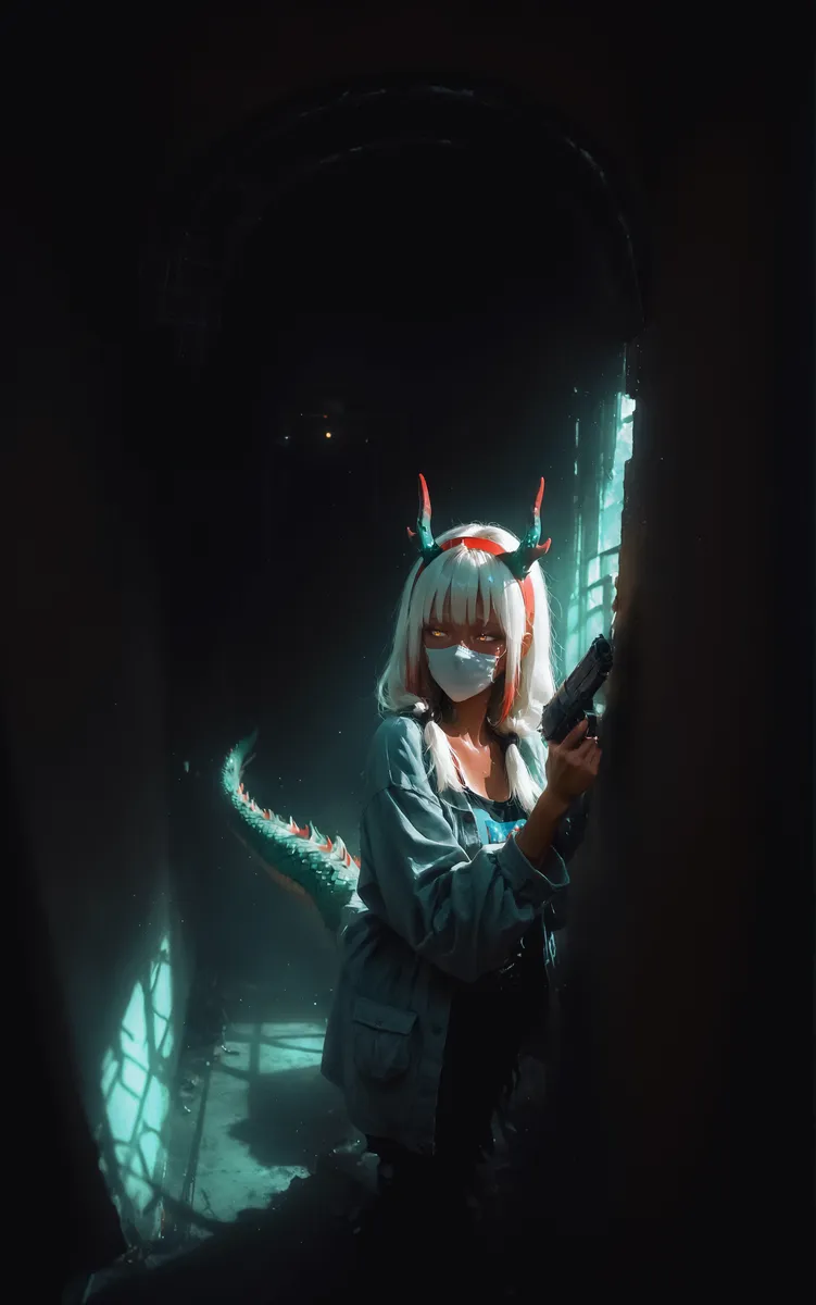 A masked female character with dragon horns, white hair, and green scales holding a handgun inside a dark, chiaroscuro-lit interior with light rays shining through a window.