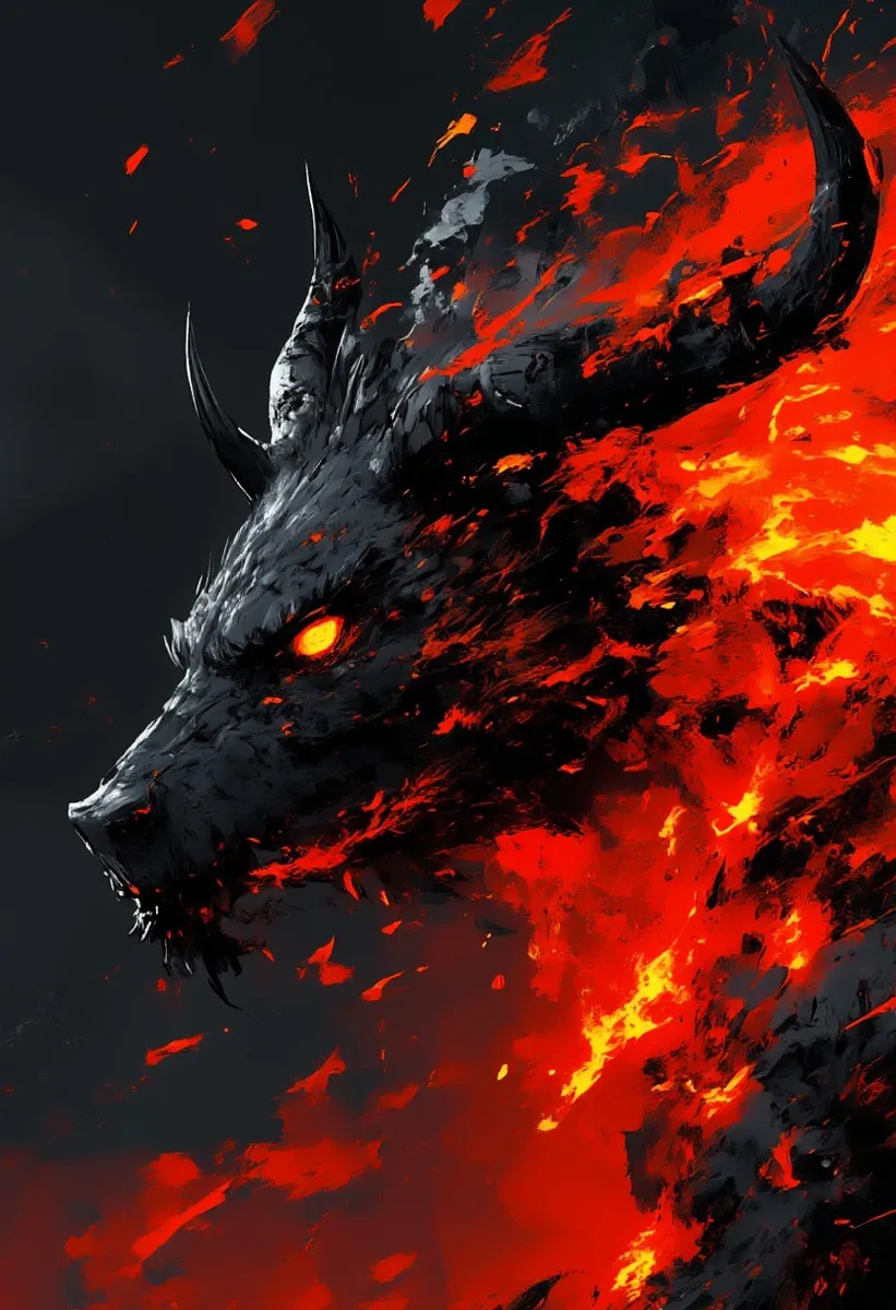 Close-up of an Abyssal Flame Beast with obsidian-black cracked skin glowing with magma veins, fiery molten lava fur, glowing amber eyes, black twisted horns, and dynamic smoke and embers on a dark background.