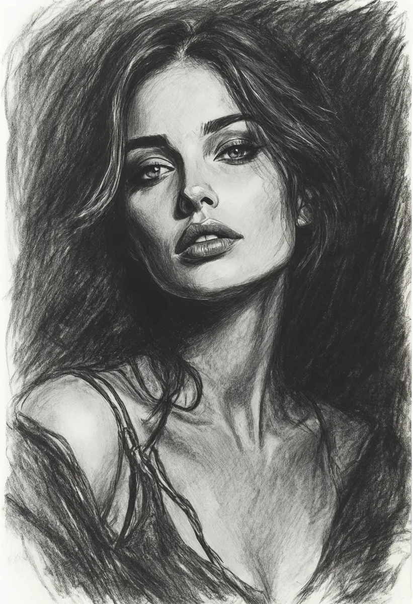 Charcoal drawing of a woman with dramatic contrast, expressive strokes, and rich textured shading in a classic aesthetic style.