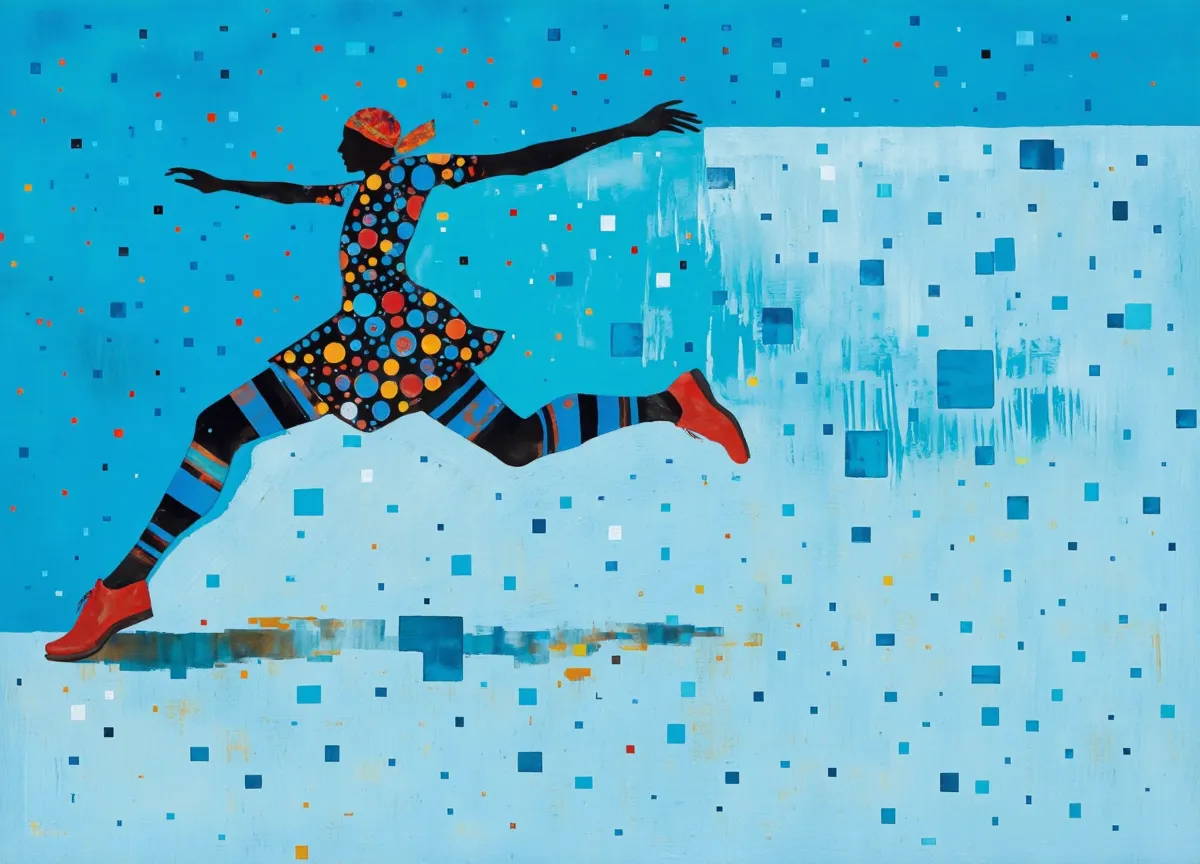 Silhouette of a person running in a colorful polka dot dress and striped pants with red shoes, set against a blue abstract background with scattered squares.