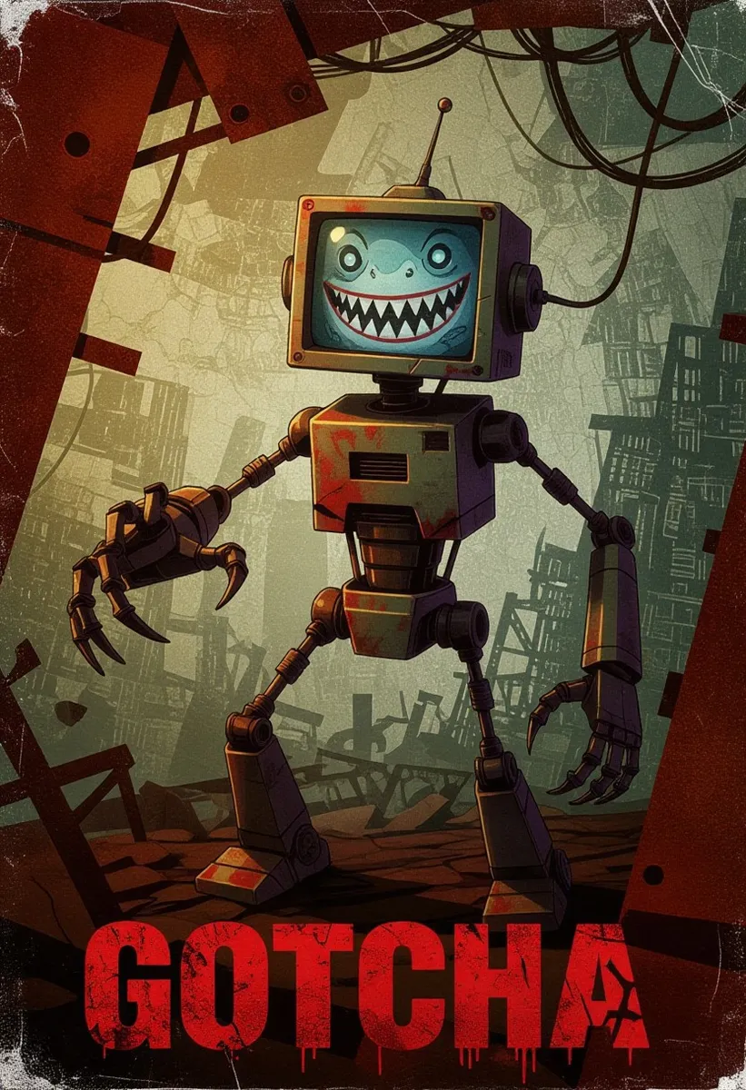 A damaged robot with slender limbs and blade-like claws reaches forward. Its head is a monitor showing a wide shark teeth grin with no eyes. The background is rusted iron and cybernetic wiring with 'Gotcha' in bold red grunge typography at the bottom.