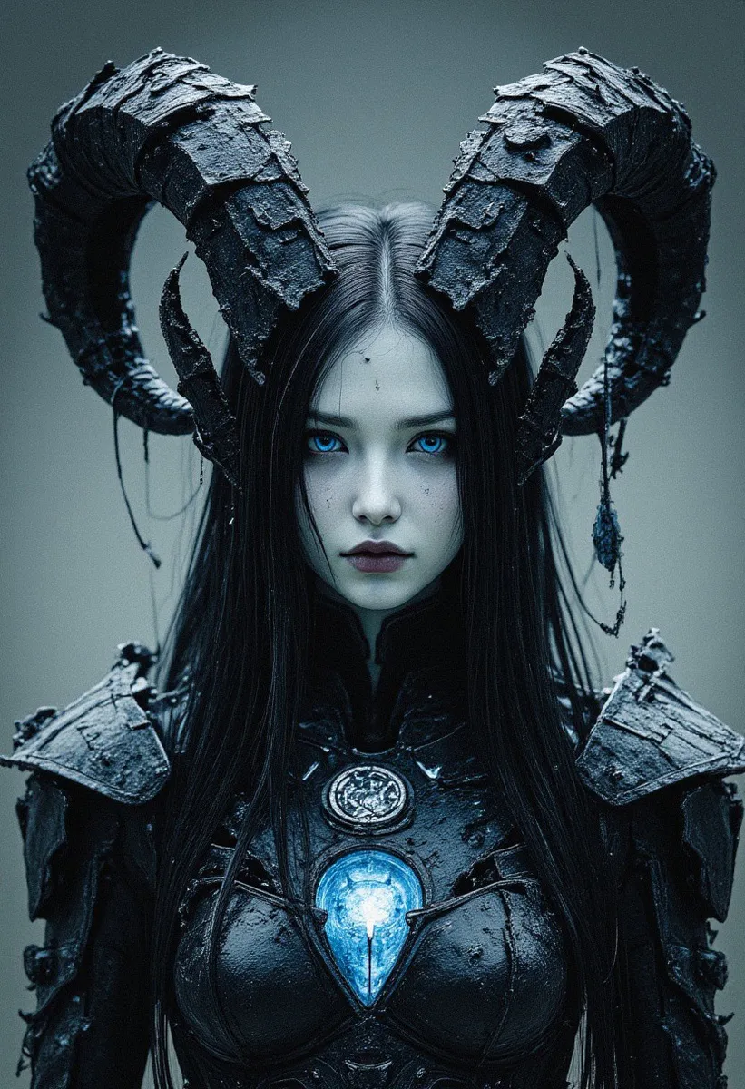 Portrait of a dark fantasy female boss with glowing blue eyes, massive rune-etched black horns, flowing black hair, and black shadowy armor featuring a glowing frozen sigil on her chest.