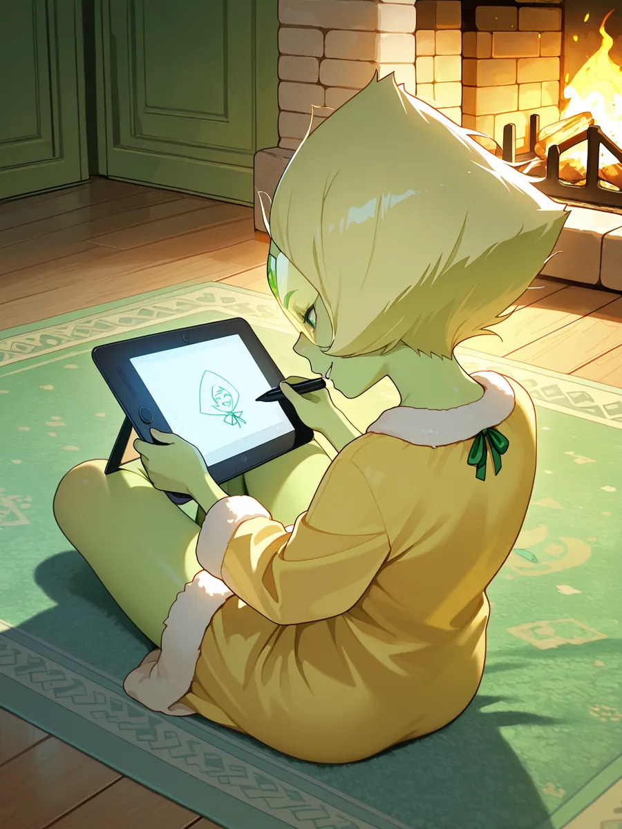 Green-skinned character Peridot in yellow pajamas sitting on a green Persian carpet indoors by a fireplace, drawing on a digital tablet with a stylus.