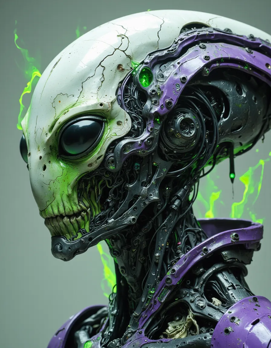 Side portrait of an alien cyborg head with large black eyes, white cracked skull-like face, neon green glowing elements, and purple mechanical armor