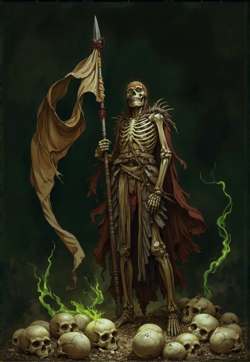 A skeletal warrior clad in tattered old armor holding a spear with a fluttering banner, standing in a circle of skulls emitting eerie green wisps of light.