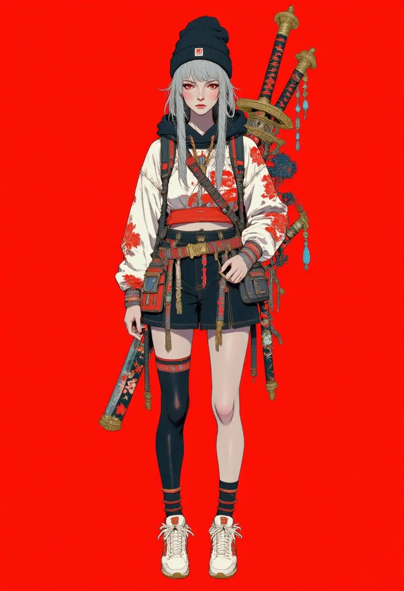 Detailed digital illustration of a cyberpunk female warrior with striking silver hair, red eyes, and modern kimono attire, holding ornate swords against a vibrant red background.