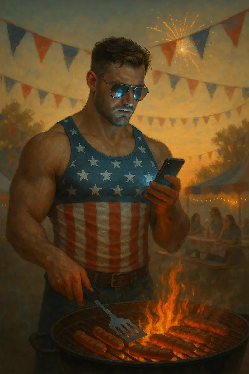 Muscular man wearing an American flag tank top and mirrored sunglasses grilling hot dogs at a 4th of July cookout, illuminated by the warm glow of the grill fire with patriotic bunting and fireworks in the background.