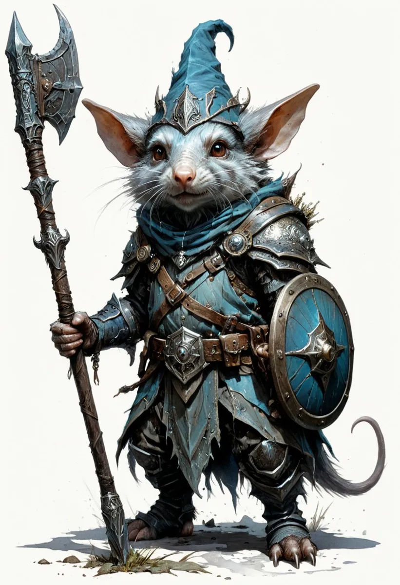 Rat-like gnome fantasy warrior wearing intricate blue armor, holding a large battle axe and a round shield.