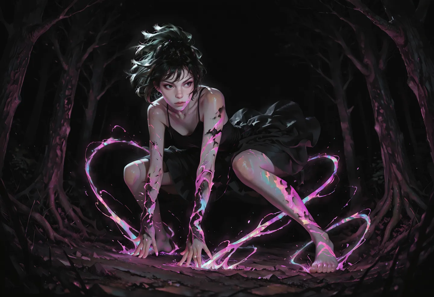 A pale-skinned witch with heterochromia wearing a tattered black dress crouches in a forest, conjuring vibrant purple chaos magic from her hands.