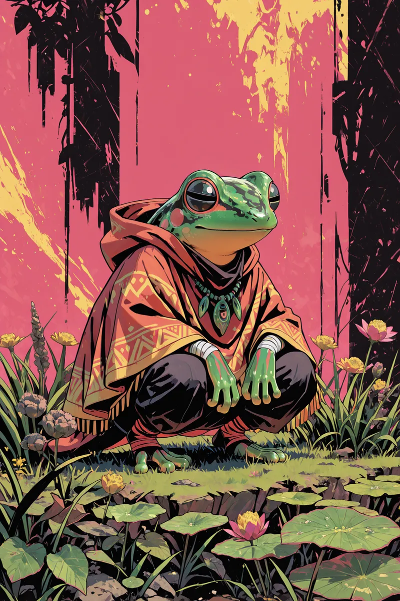 A green frog character wearing a patterned poncho squats on grass surrounded by flowers and lily pads with an abstract pink and yellow background.