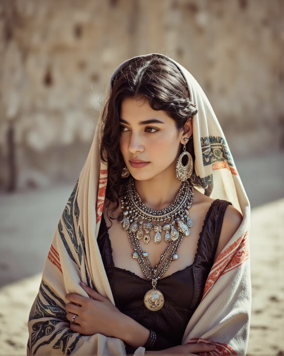 Portrait of a young Berber woman in traditional Amazigh attire with intricate silver jewelry and a shawl, captured with dramatic natural lighting.