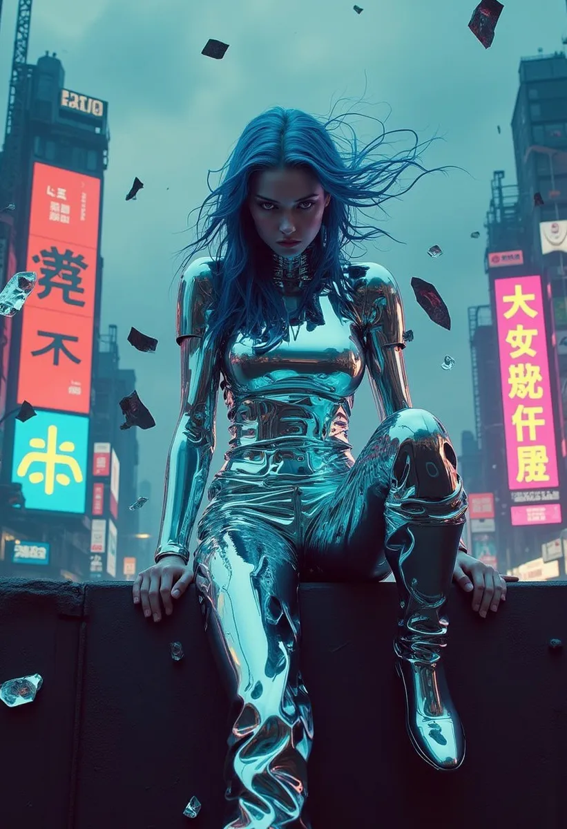 A cyber idol with blue hair wearing a reflective metallic suit sits on a ledge in a futuristic dystopian city filled with glowing neon signs and floating debris.