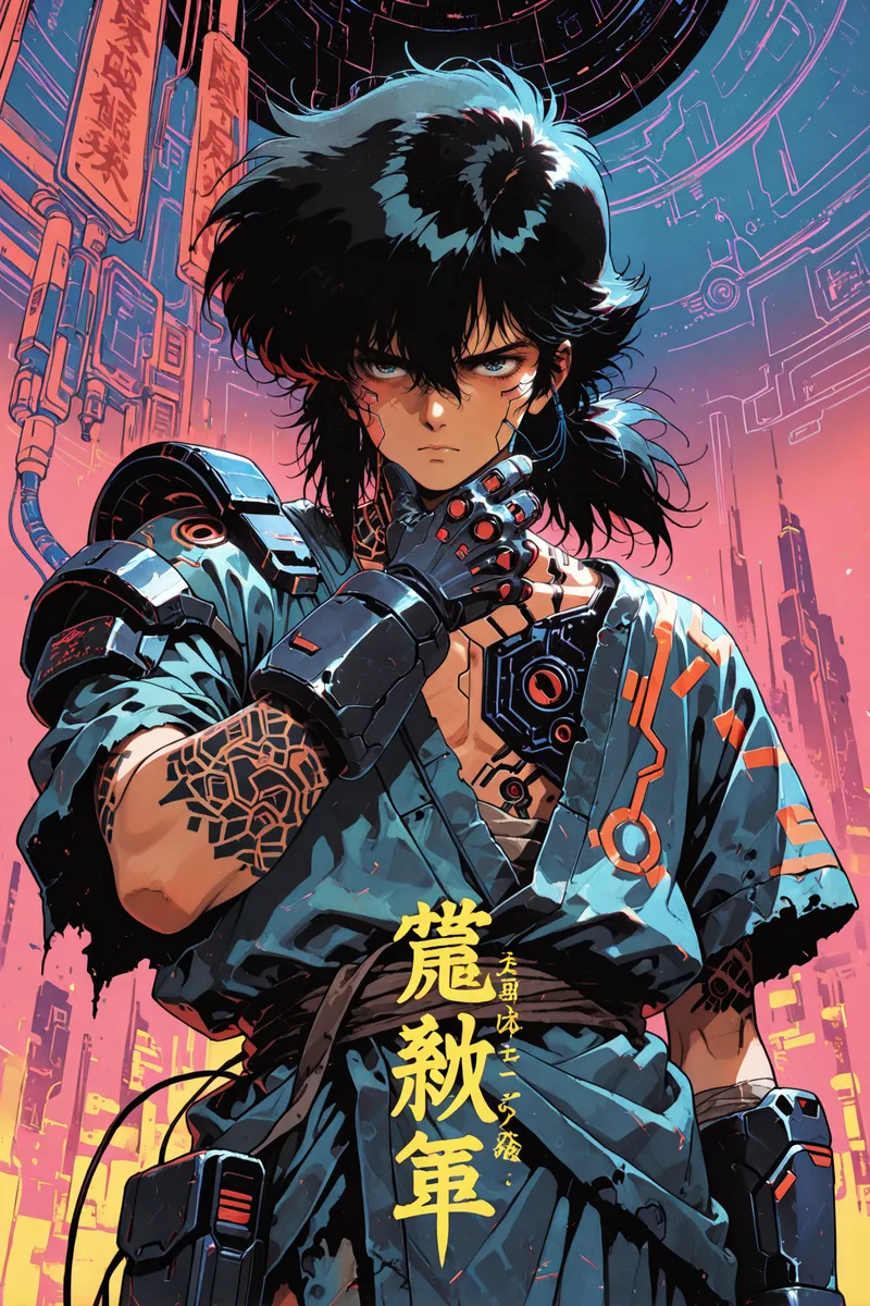 Cyberpunk boy with black hair, mechanical arm, and tattoos wearing futuristic gloves against a neon-lit city background with archaic Japanese text.