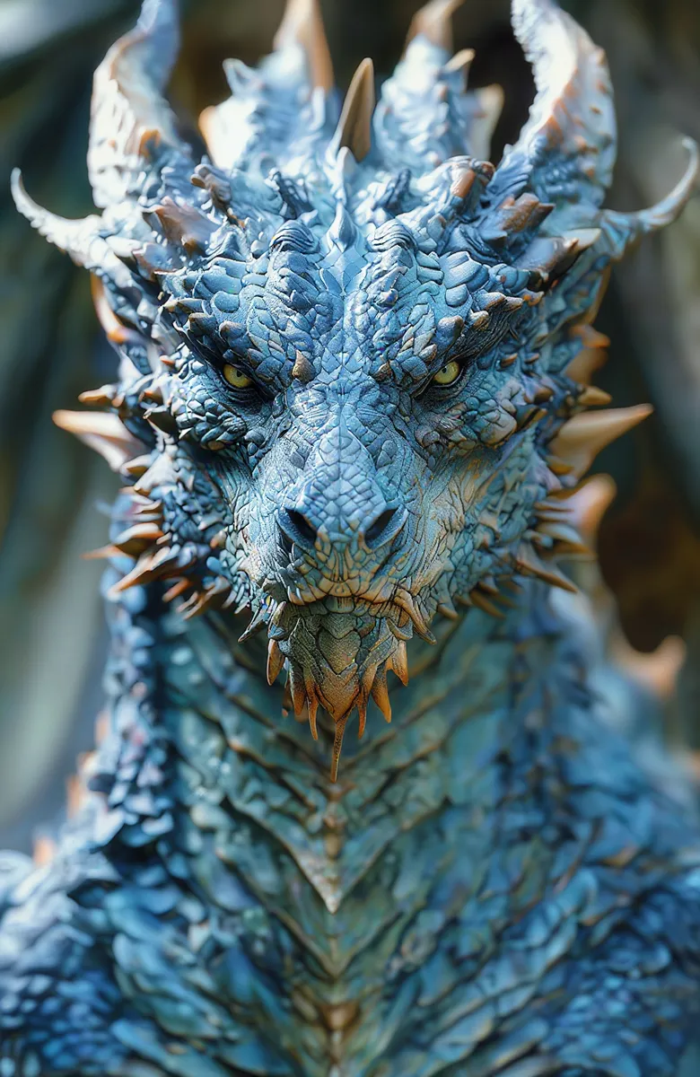 Close-up of a blue dragon with highly detailed scales, pointed sharp horns with orange tint, and piercing yellow-green eyes against a softly blurred bokeh background.