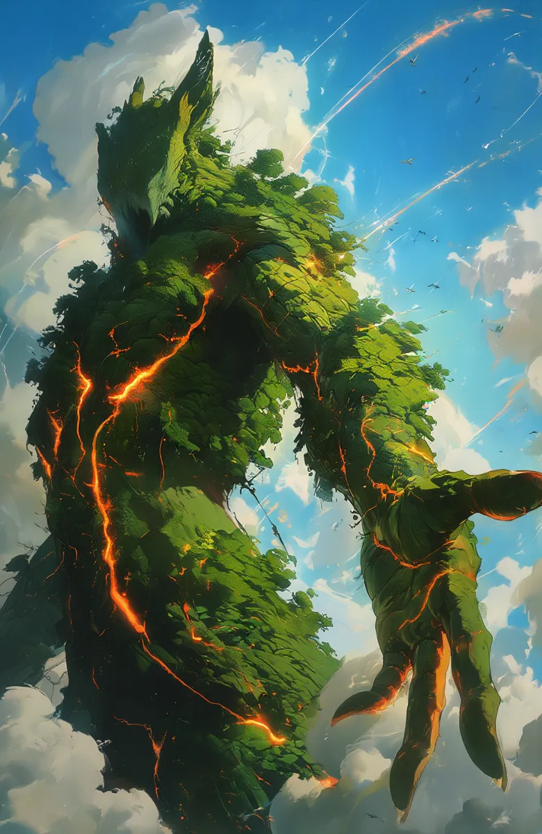 A towering tree-like creature with a deer-like head covered in lush green foliage and glowing orange energy lines, standing against a bright blue sky with clouds and birds.