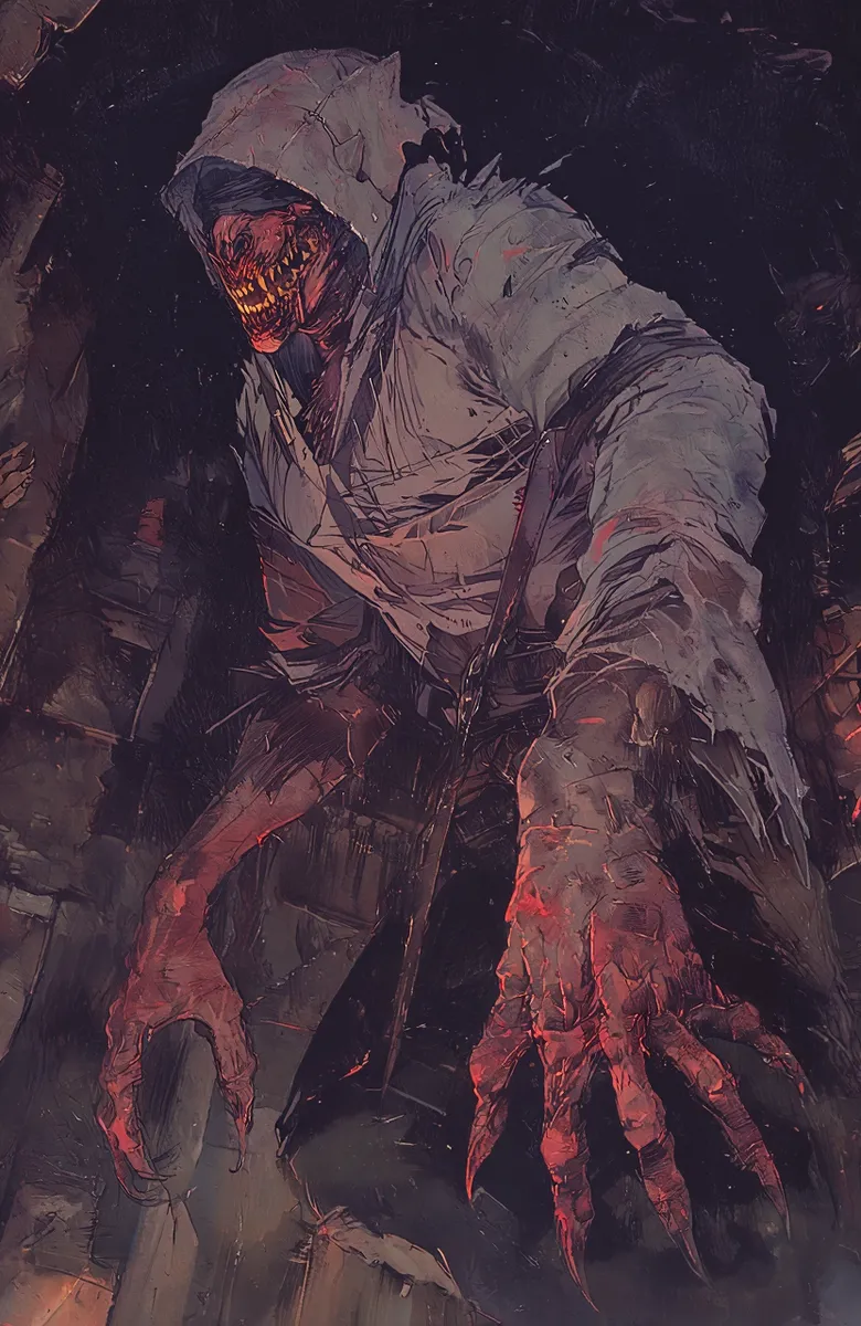 A dark and eerie blood starved beast with a blindfold and long claws prowling in a dungeon at night, featuring foreshortening and detailed torn clothing.