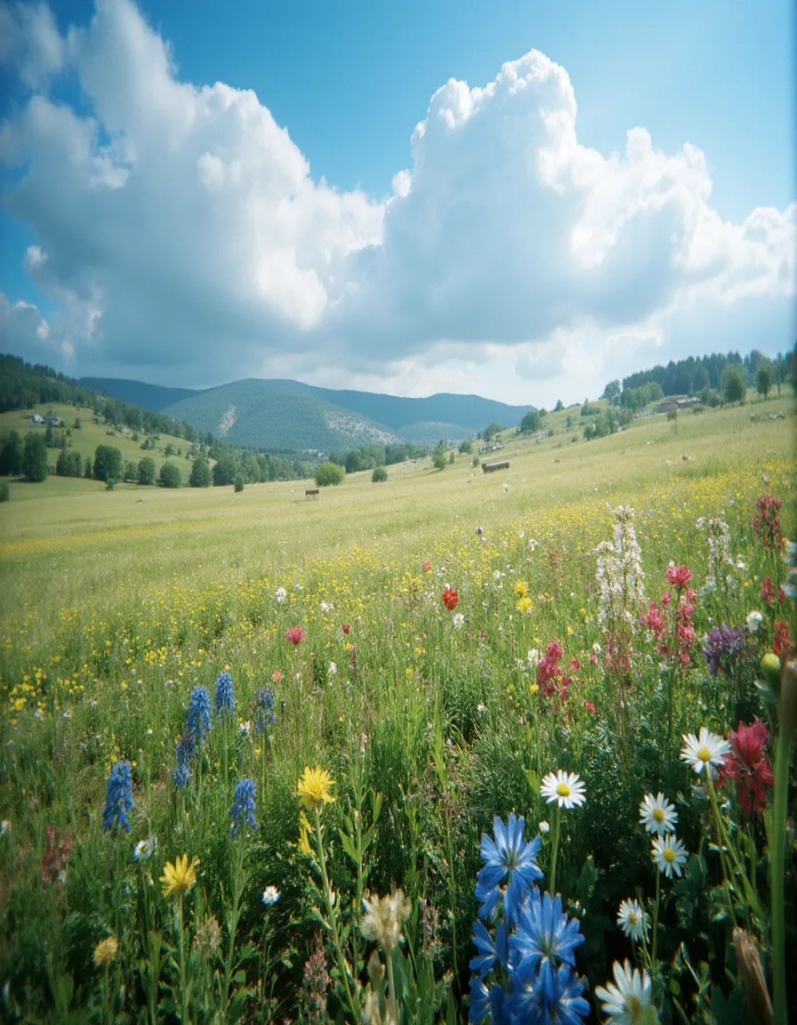 A vibrant floral field with colorful flowers including blue, yellow, and white blossoms, backed by green hills and a bright blue sky dotted with white puffy clouds.